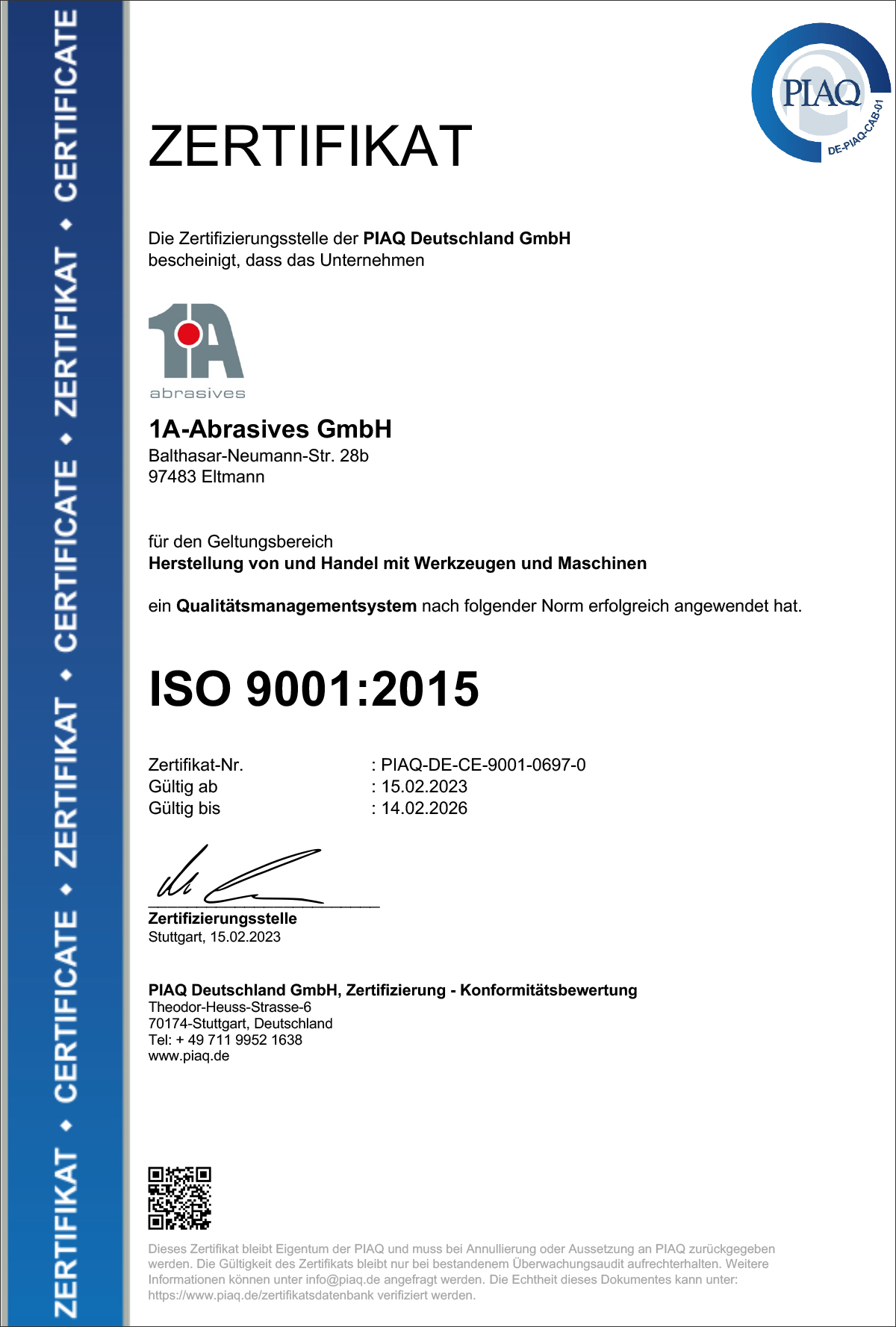 ISO Zertifikat 1A-Abrasives, ISO certificate 1A-Abrasives